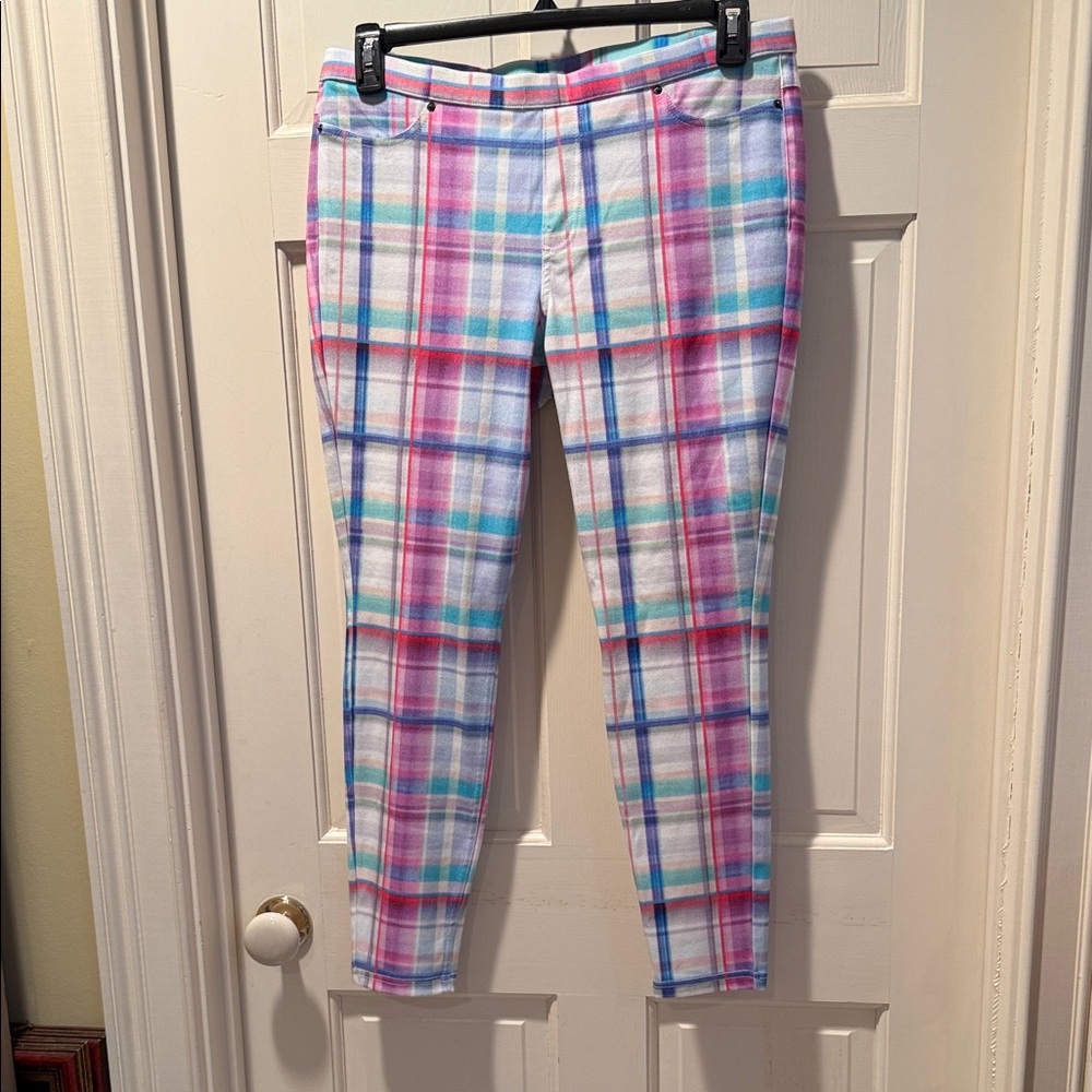 HUE Women's Plaid Skinny Jeans in Pink and Blue